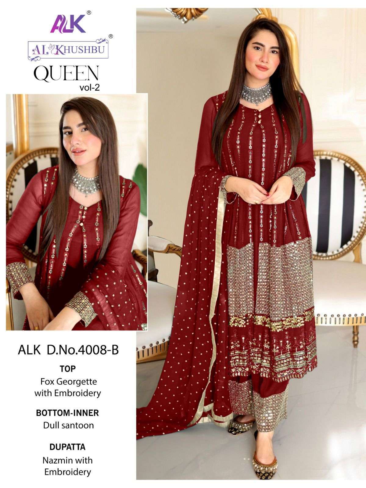 Queen Vol-2 By Al Khushbu 4008-A To 4008-D Series Beautiful Pakistani Suits Colorful Stylish Fancy Casual Wear & Ethnic Wear Faux Georgette Embroidered Dresses At Wholesale Price