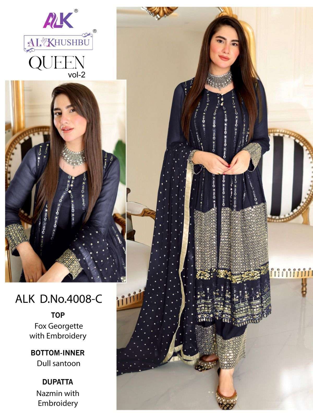 Queen Vol-2 By Al Khushbu 4008-A To 4008-D Series Beautiful Pakistani Suits Colorful Stylish Fancy Casual Wear & Ethnic Wear Faux Georgette Embroidered Dresses At Wholesale Price