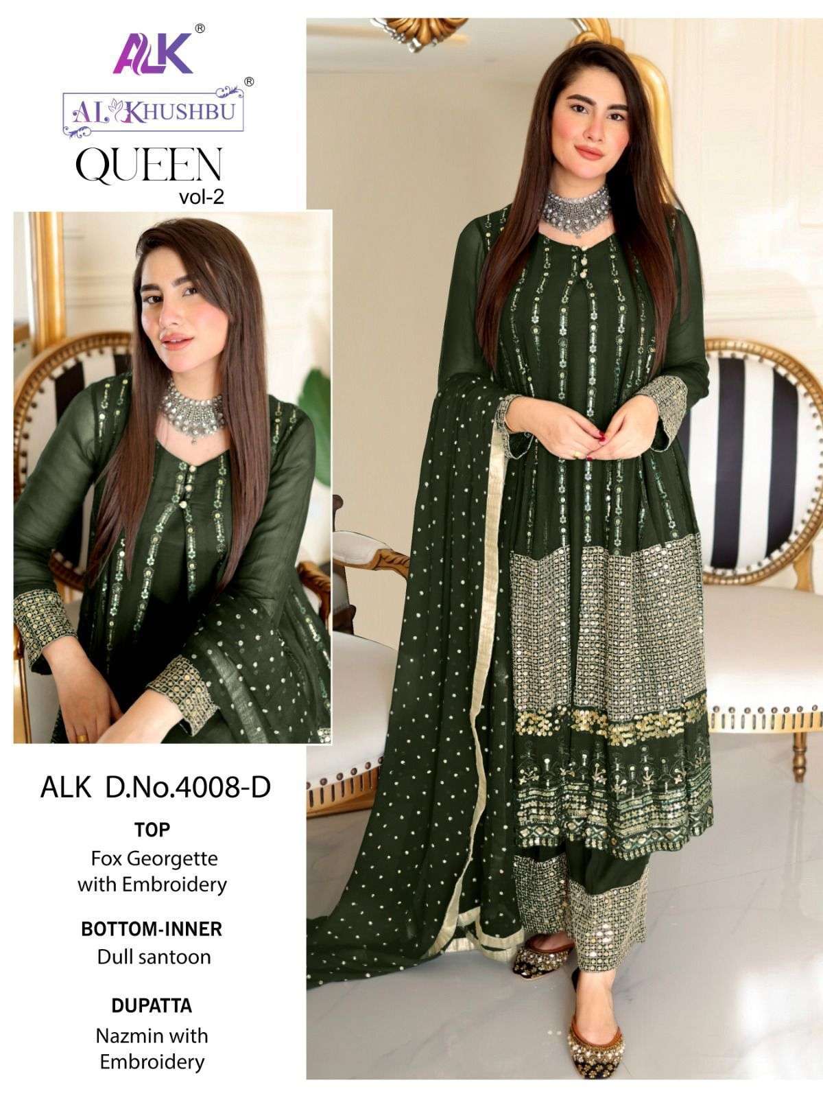 Queen Vol-2 By Al Khushbu 4008-A To 4008-D Series Beautiful Pakistani Suits Colorful Stylish Fancy Casual Wear & Ethnic Wear Faux Georgette Embroidered Dresses At Wholesale Price