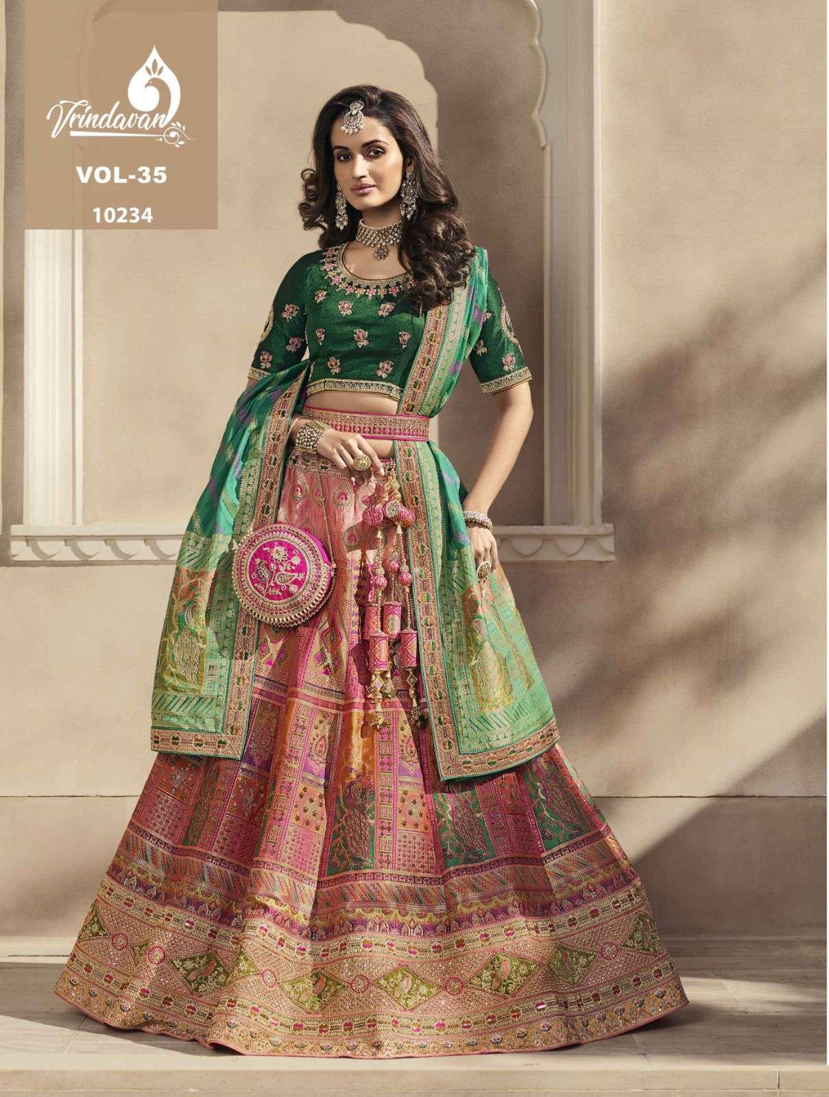 Vrindavan Vol-35 By Vrindavan 10231 To 10239 Series Indian Traditional Beautiful Stylish Designer Banarasi Silk Jacquard Embroidered Party Wear Banarasi Silk Lehengas At Wholesale Price