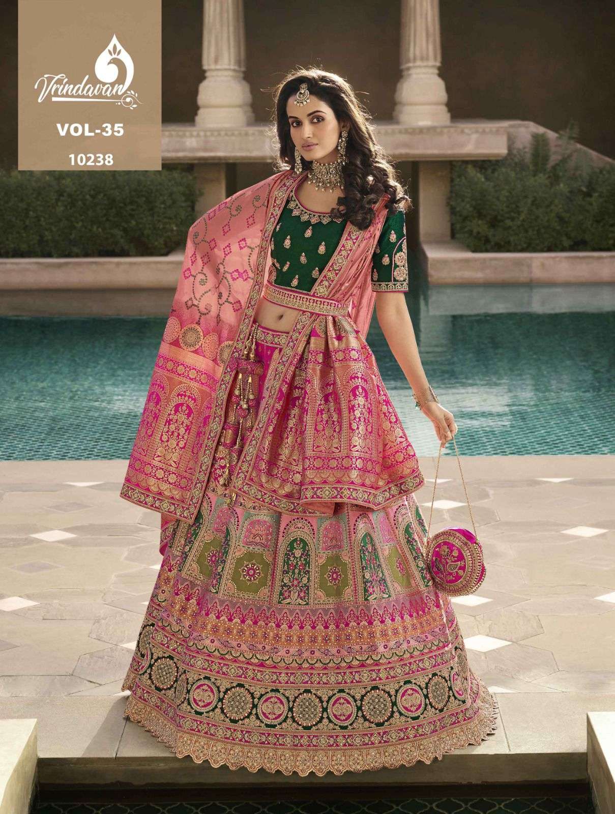 Vrindavan Vol-35 By Vrindavan 10231 To 10239 Series Indian Traditional Beautiful Stylish Designer Banarasi Silk Jacquard Embroidered Party Wear Banarasi Silk Lehengas At Wholesale Price