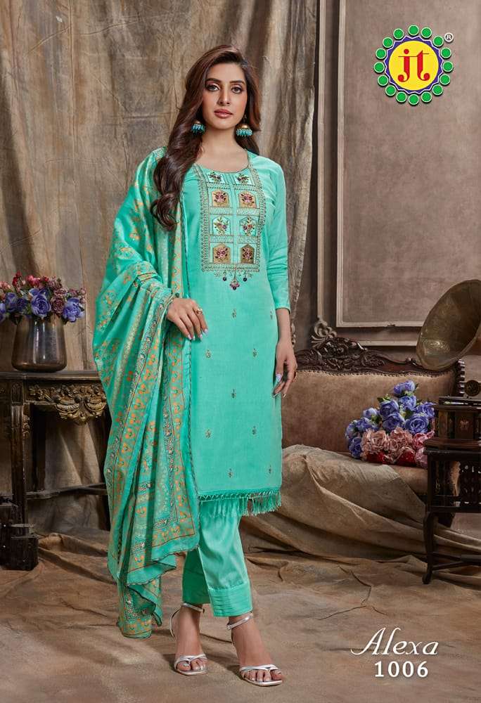 Alexa By JT 1001 To 1008 Series Beautiful Suits Stylish Colorful Fancy Casual Wear & Ethnic Wear Pure Cotton Print Dresses At Wholesale Price
