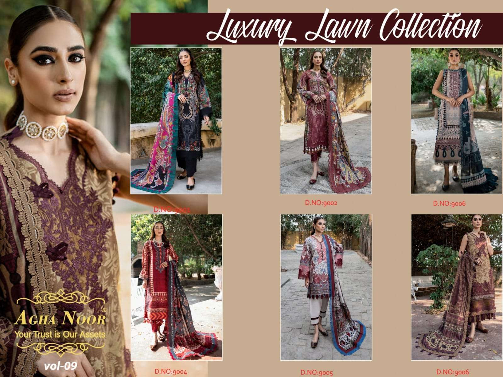Luxury Lawn Collection Vol-9 By Agha Noor 9001 To 9006 Series Beautiful Suits Stylish Colorful Fancy Casual Wear & Ethnic Wear Lawn Cotton Print Dresses At Wholesale Price
