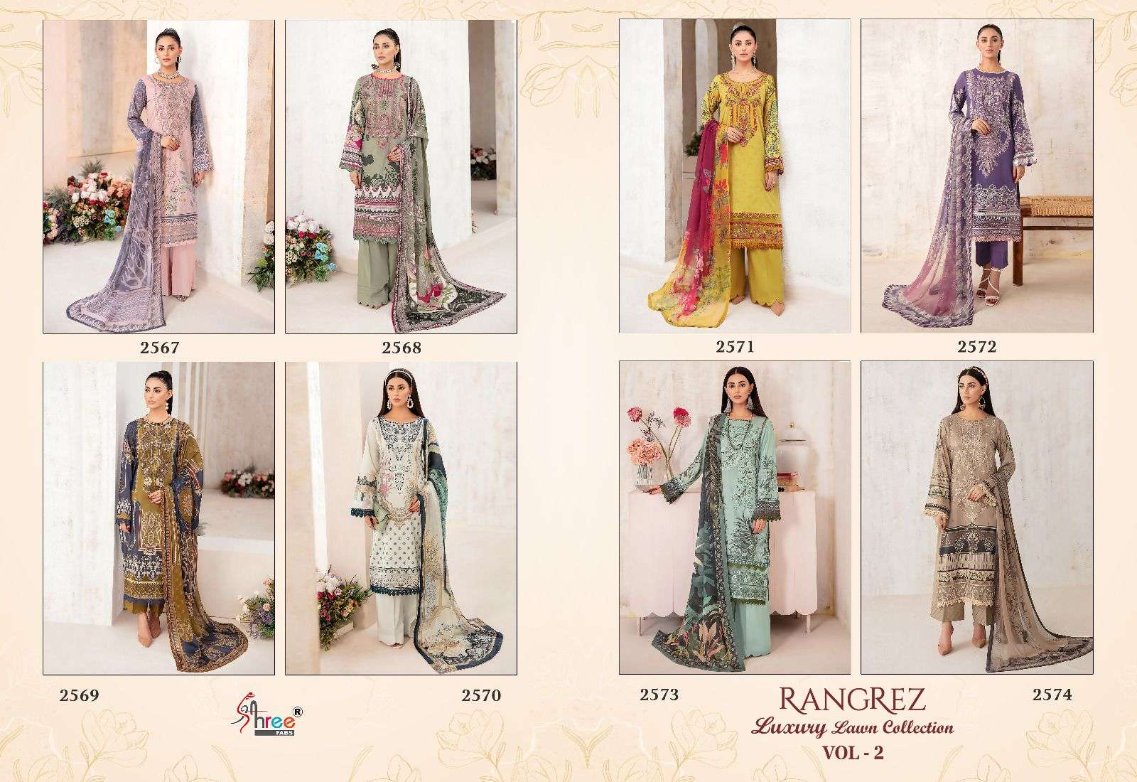 Rangrez Luxury Lawn Collection Vol-2 By Shree Fabs 2567 To 2574 Series Beautiful Pakistani Suits Colorful Stylish Fancy Casual Wear Pure Lawn Cotton Print With Work Dresses At Wholesale Price