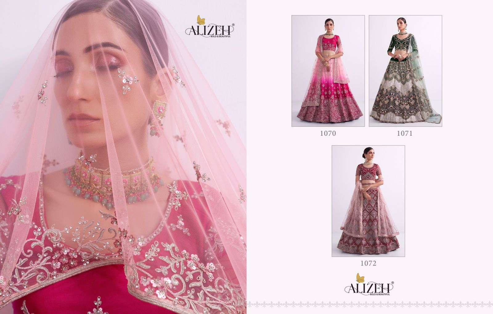 Shades By Alizeh 1070 To 1072 Series Indian Traditional Beautiful Stylish Designer Banarasi Silk Jacquard Embroidered Party Wear Net/Silk Lehengas At Wholesale Price