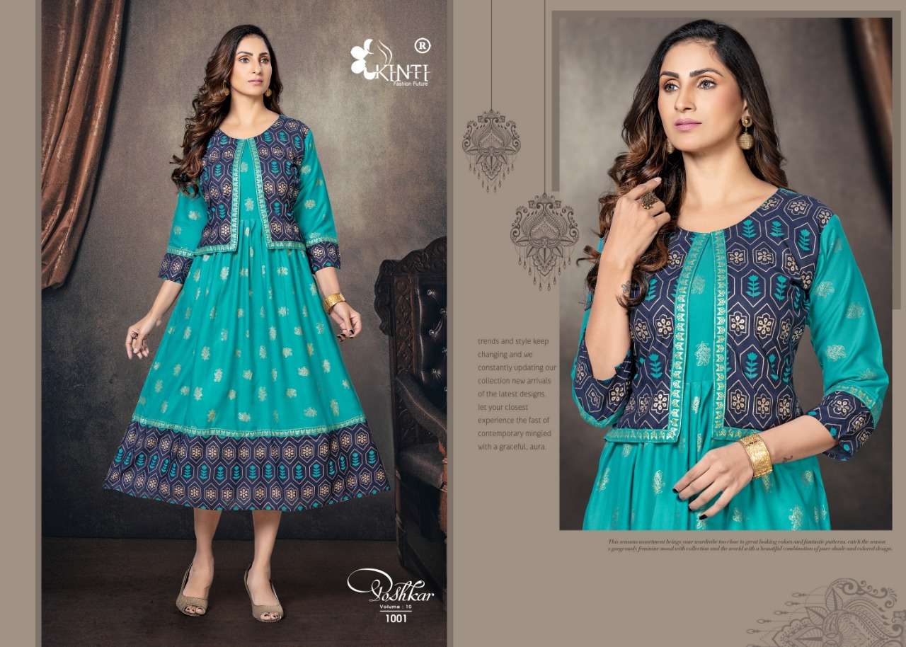 Poshkar Vol-10 By Kinti 1001 To 1008 Series Designer Stylish Fancy Colorful Beautiful Party Wear & Ethnic Wear Collection Premium Rayon Print Kurtis With Jacket At Wholesale Price