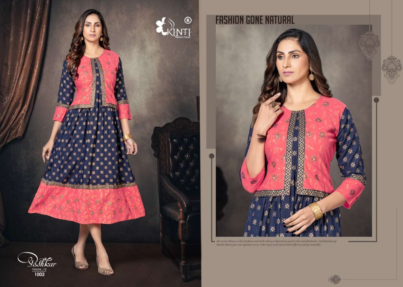 Poshkar Vol-10 By Kinti 1001 To 1008 Series Designer Stylish Fancy Colorful Beautiful Party Wear & Ethnic Wear Collection Premium Rayon Print Kurtis With Jacket At Wholesale Price