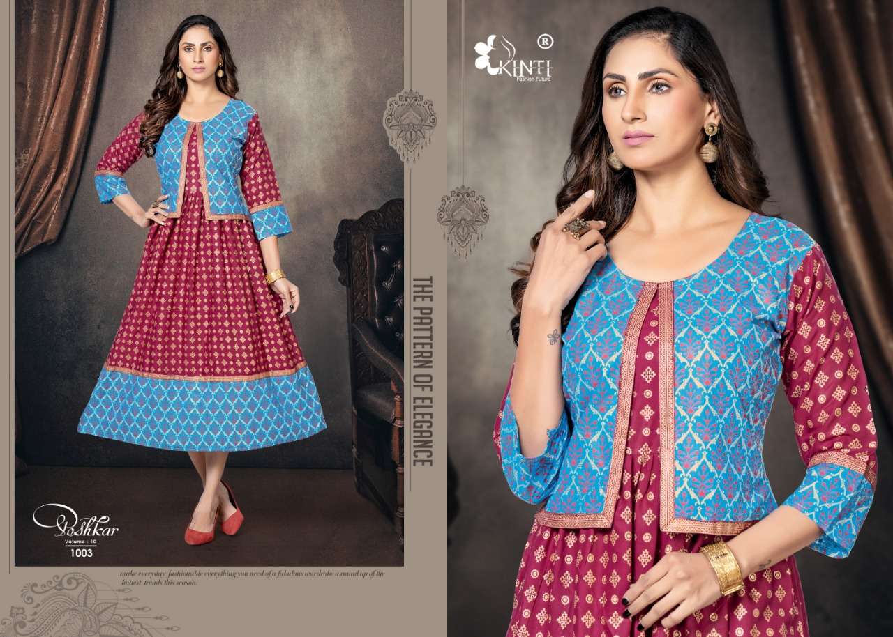 Poshkar Vol-10 By Kinti 1001 To 1008 Series Designer Stylish Fancy Colorful Beautiful Party Wear & Ethnic Wear Collection Premium Rayon Print Kurtis With Jacket At Wholesale Price