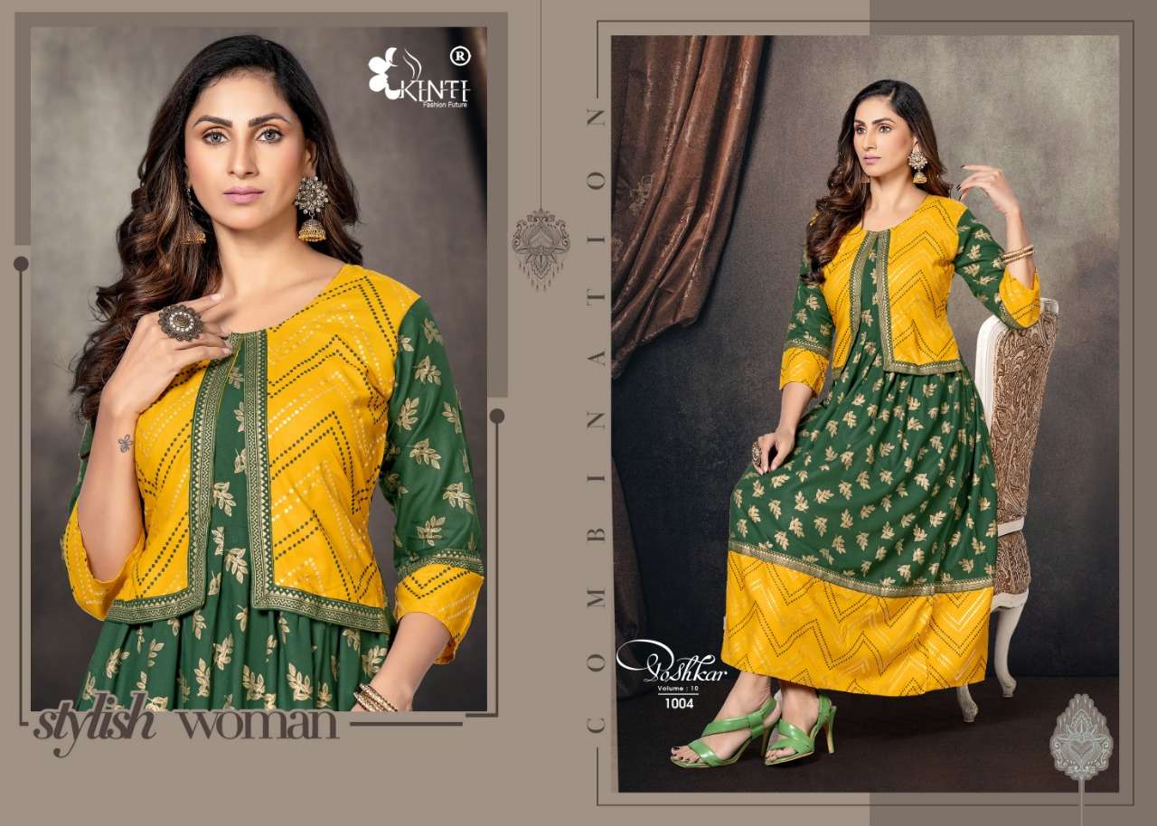 Poshkar Vol-10 By Kinti 1001 To 1008 Series Designer Stylish Fancy Colorful Beautiful Party Wear & Ethnic Wear Collection Premium Rayon Print Kurtis With Jacket At Wholesale Price