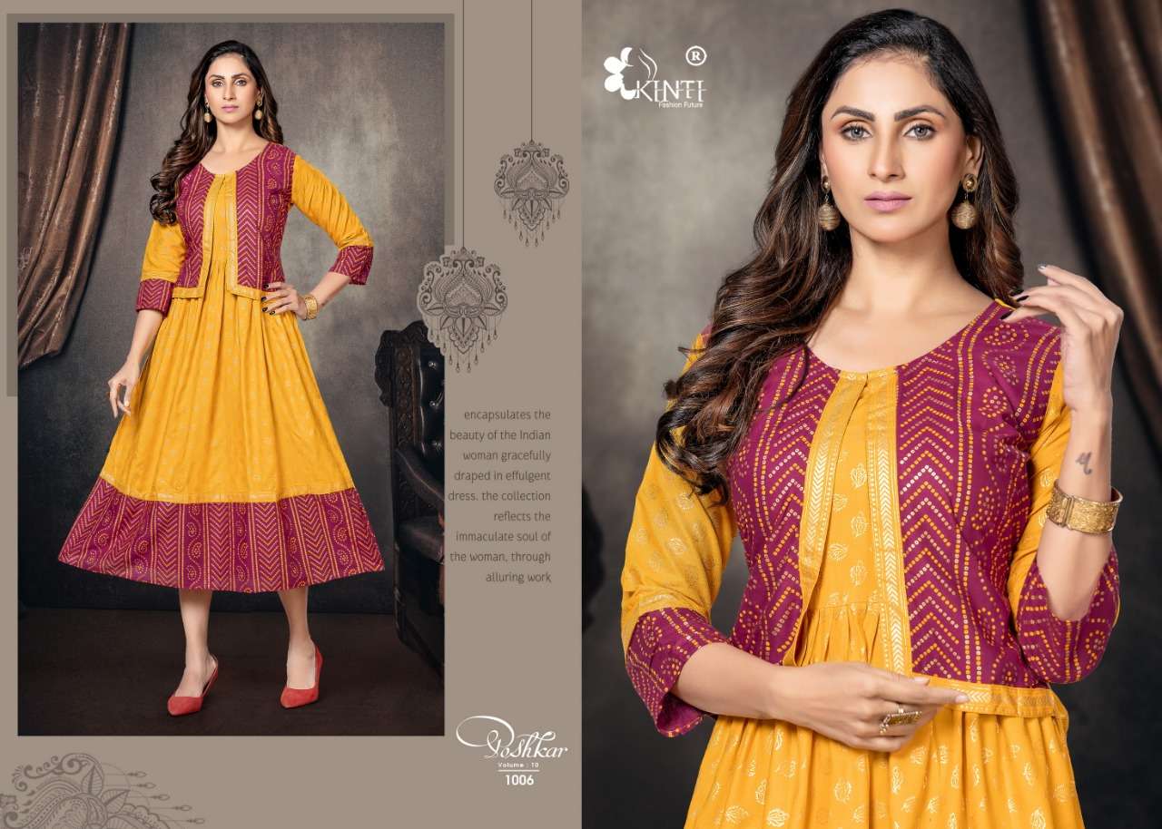 Poshkar Vol-10 By Kinti 1001 To 1008 Series Designer Stylish Fancy Colorful Beautiful Party Wear & Ethnic Wear Collection Premium Rayon Print Kurtis With Jacket At Wholesale Price