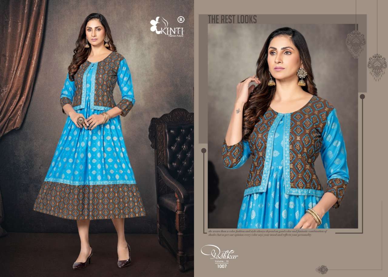 Poshkar Vol-10 By Kinti 1001 To 1008 Series Designer Stylish Fancy Colorful Beautiful Party Wear & Ethnic Wear Collection Premium Rayon Print Kurtis With Jacket At Wholesale Price