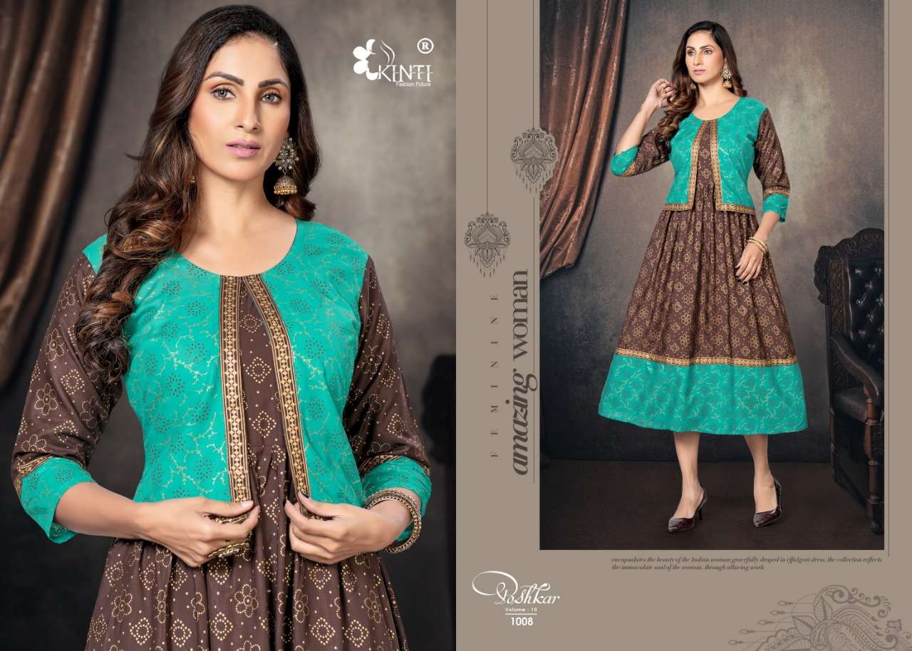 Poshkar Vol-10 By Kinti 1001 To 1008 Series Designer Stylish Fancy Colorful Beautiful Party Wear & Ethnic Wear Collection Premium Rayon Print Kurtis With Jacket At Wholesale Price