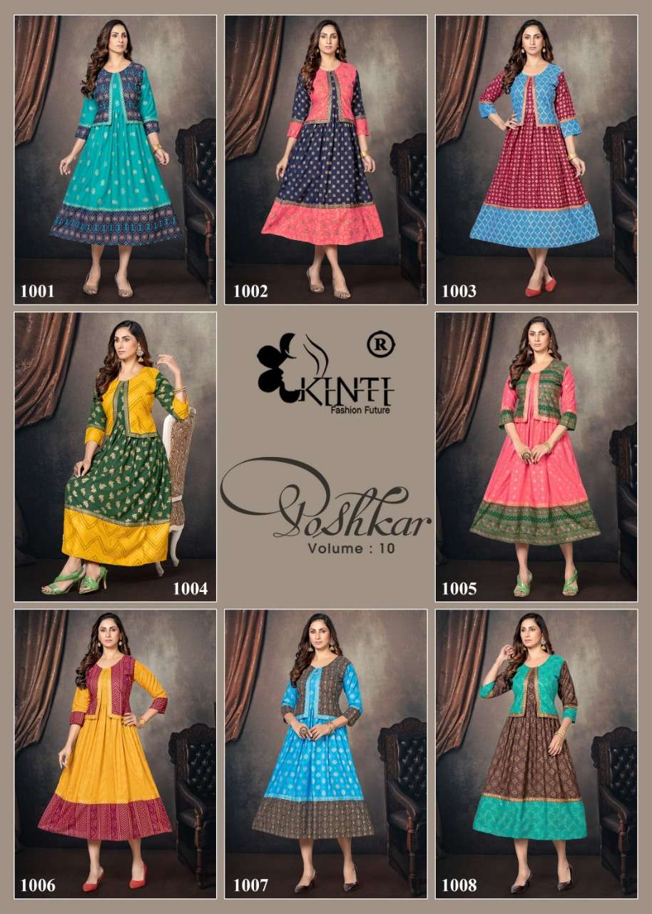 Poshkar Vol-10 By Kinti 1001 To 1008 Series Designer Stylish Fancy Colorful Beautiful Party Wear & Ethnic Wear Collection Premium Rayon Print Kurtis With Jacket At Wholesale Price