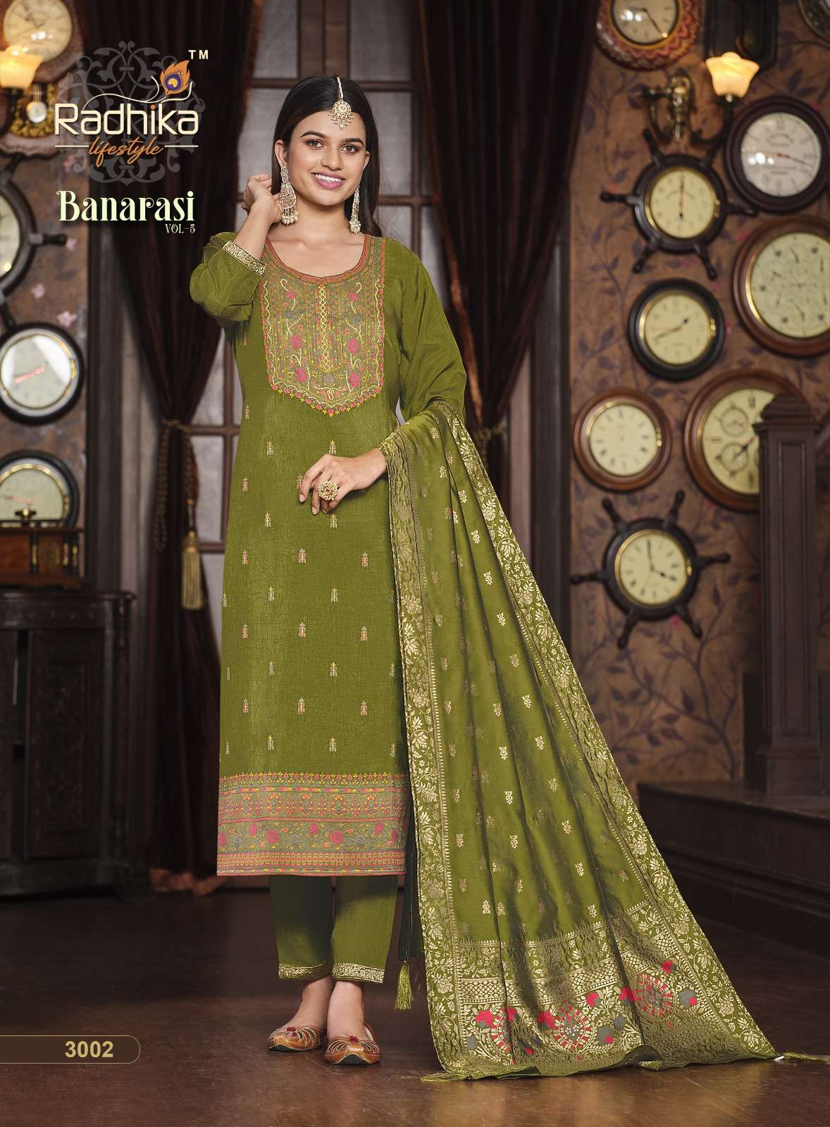 Banarasi Vol-3 By Radhika Lifestyle 3001 To 3006 Series Beautiful Stylish Suits Fancy Colorful Casual Wear & Ethnic Wear & Ready To Wear Pure Dola Silk Dresses At Wholesale Price