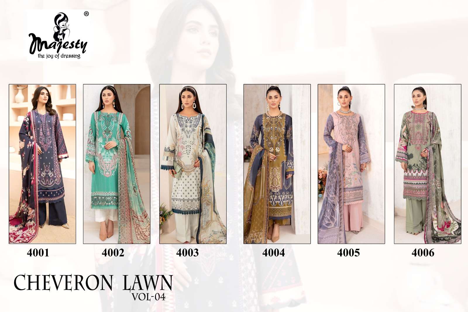 Cheveron Lawn Vol-4 By Majesty 4001 To 4006 Series Beautiful Stylish Pakistani Suits Fancy Colorful Casual Wear & Ethnic Wear & Ready To Wear Pure Cotton With Embroidery Dresses At Wholesale Price