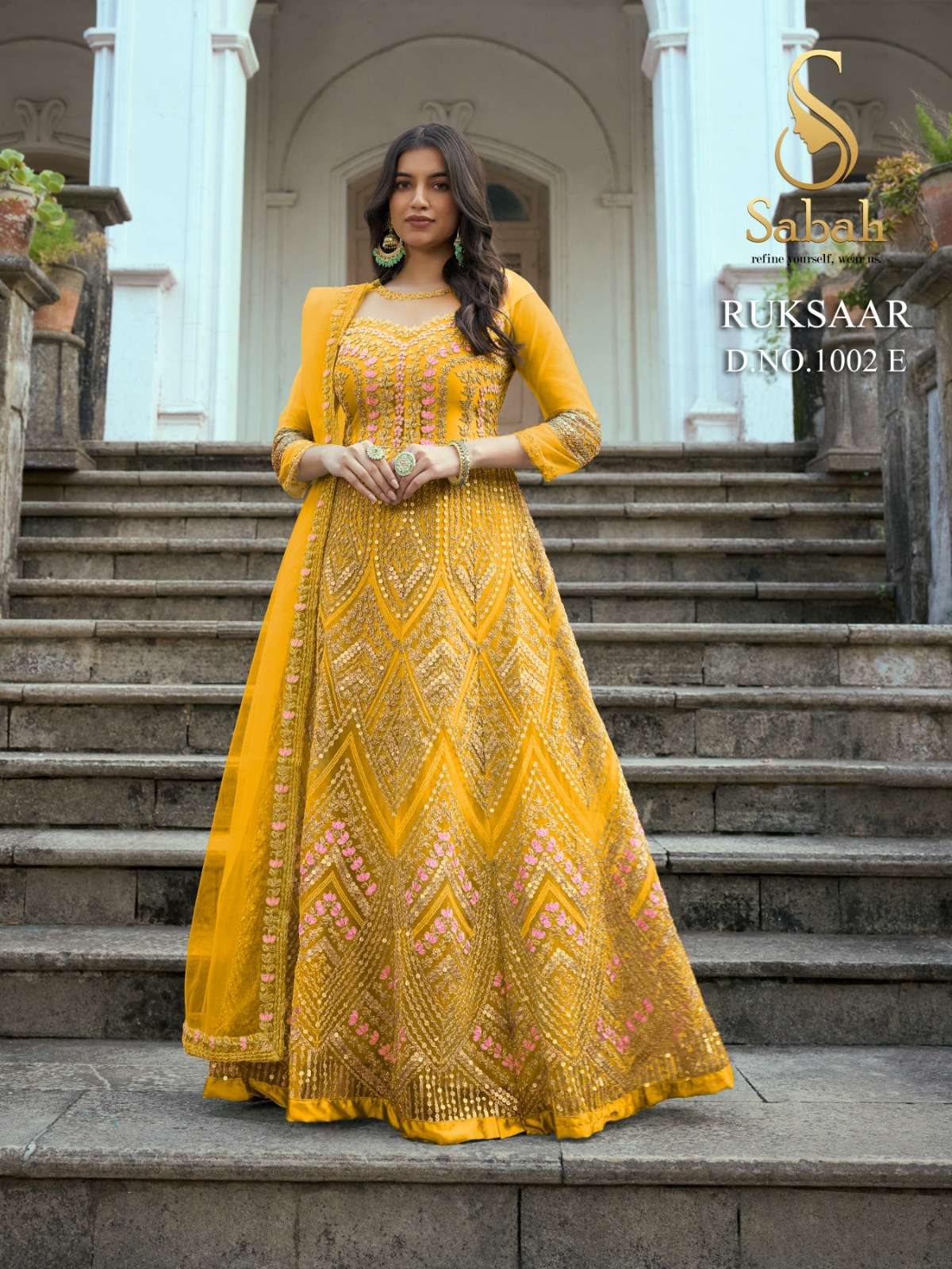 Ruksaar 1002 Colours By Sabah 1002-A To 1002-E Series Designer Anarkali Suits Beautiful Fancy Colorful Stylish Party Wear & Occasional Wear Heavy Net Dresses At Wholesale Price