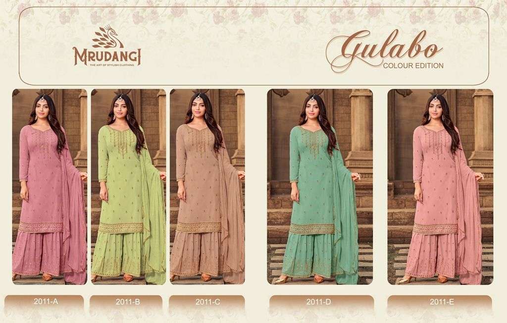 Gulabo 2011 Colours Edition By Mrudangi 2011-A To 2011-E Series Beautiful Stylish Sharara Suits Fancy Colorful Casual Wear & Ethnic Wear & Ready To Wear Heavy Faux Georgette Embroidered Dresses At Wholesale Price