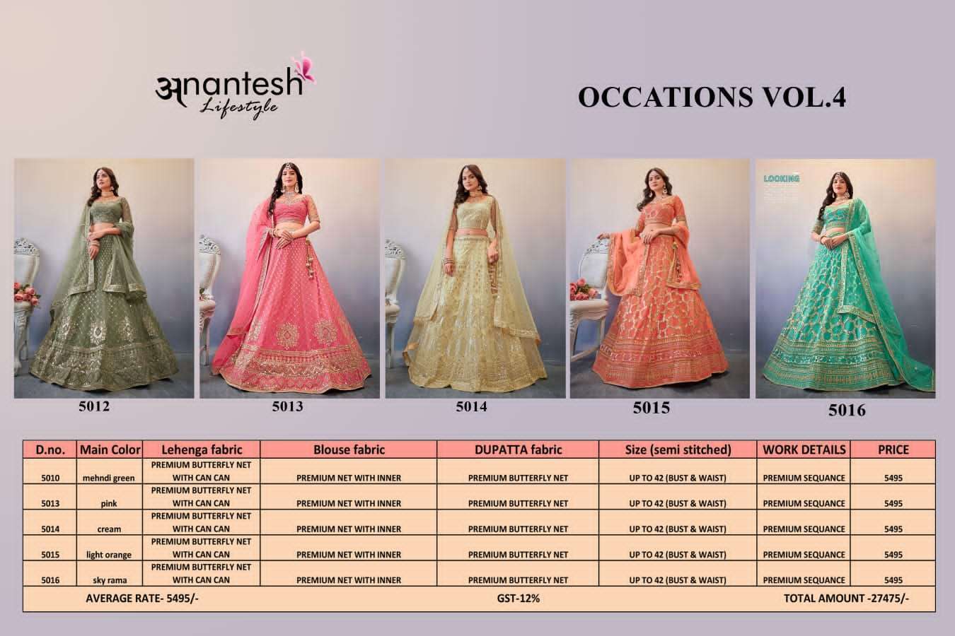 Occations Vol-4 By Anantesh 5012 To 5016 Series Bridal Wear Collection Beautiful Stylish Colorful Fancy Party Wear & Occasional Wear Premium Net Lehengas At Wholesale Price