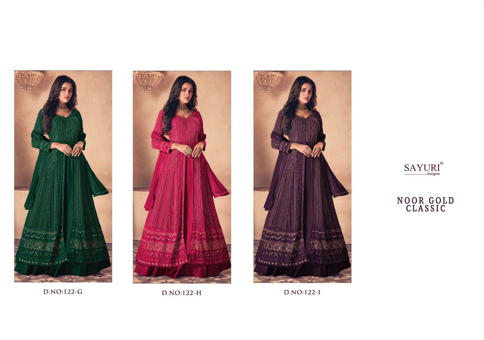 Noor Gold Classic By Sayuri 122-G To 122-I Series Beautiful Suits Colorful Stylish Fancy Casual Wear & Ethnic Wear Real Georgette Dresses At Wholesale Price