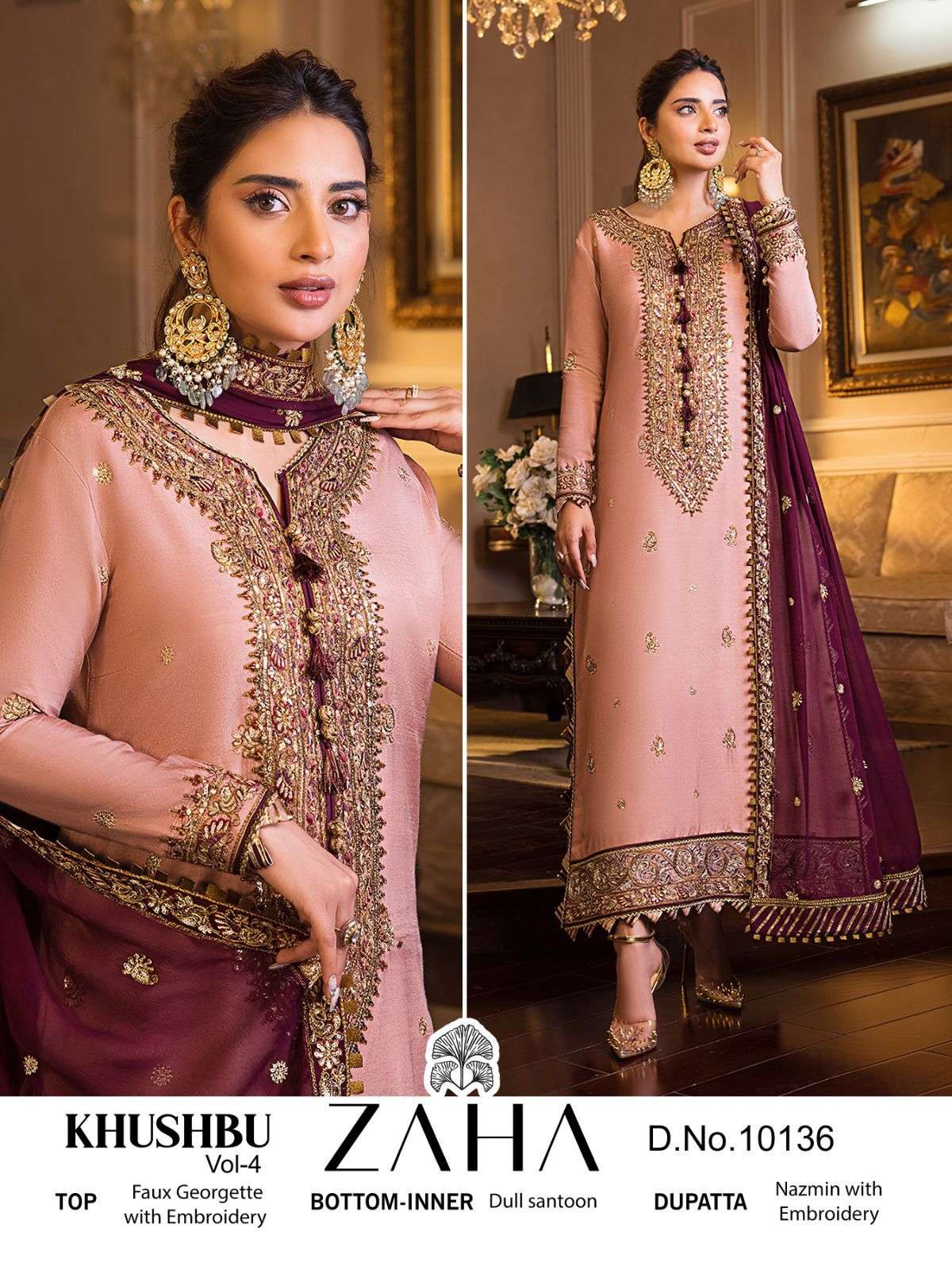 Khushbu Vol-4 By Zaha 10134 To 10136 Series Pakistani Suits Beautiful Fancy Colorful Stylish Party Wear & Occasional Wear Faux Georgette With Embroidery Dresses At Wholesale Price