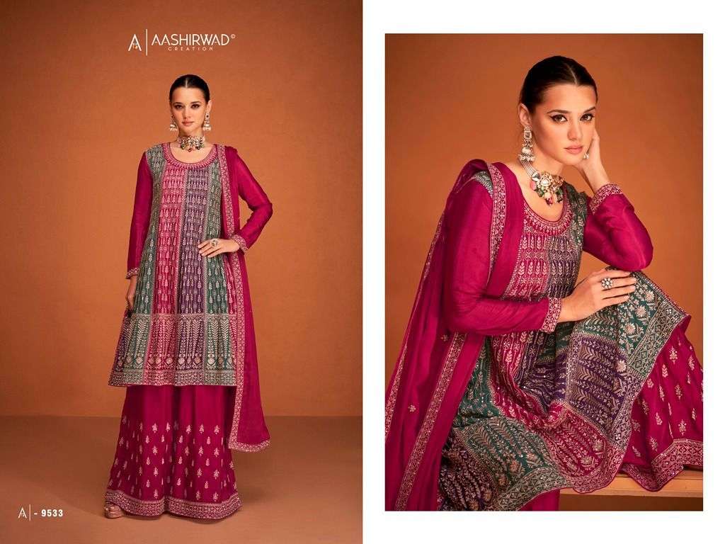 Soha By Aashirwad Creation 9533 To 9537 Series Designer Suits Beautiful Fancy Colorful Stylish Party Wear & Occasional Wear Premium Chinnon Silk Dresses At Wholesale Price