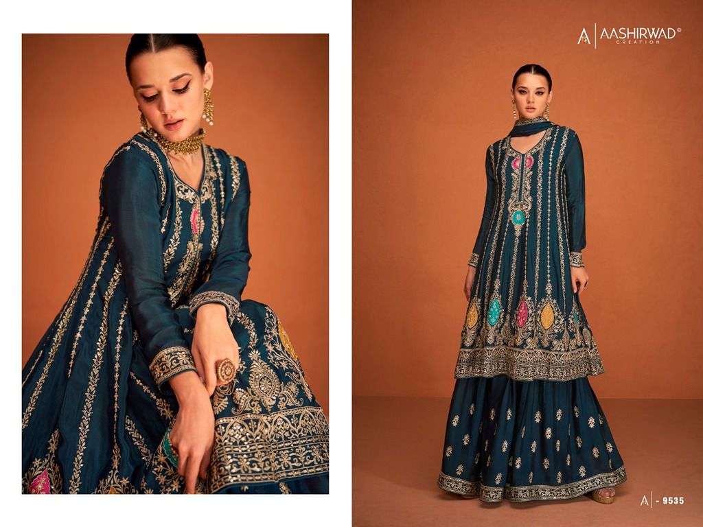 Soha By Aashirwad Creation 9533 To 9537 Series Designer Suits Beautiful Fancy Colorful Stylish Party Wear & Occasional Wear Premium Chinnon Silk Dresses At Wholesale Price