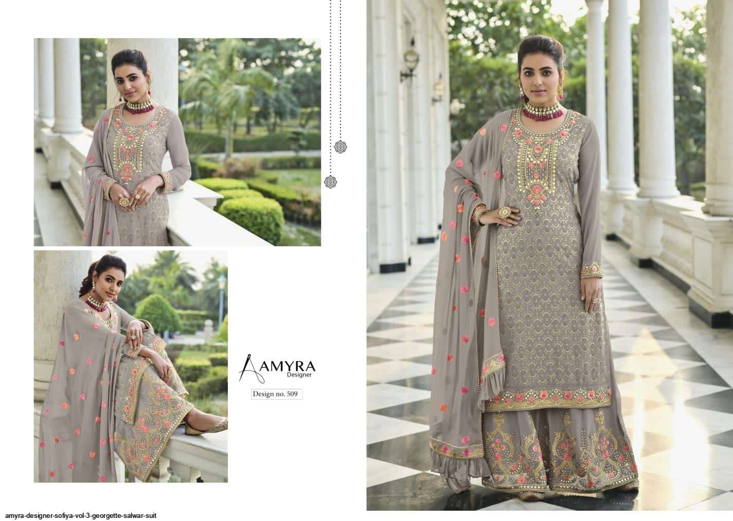 Sofiya Vol-3 By Amyra Designer 509 To 512 Series Beautiful Stylish Sharara Suits Fancy Colorful Casual Wear & Ethnic Wear & Ready To Wear Heavy Chinnon Silk Embroidered Dresses At Wholesale Price