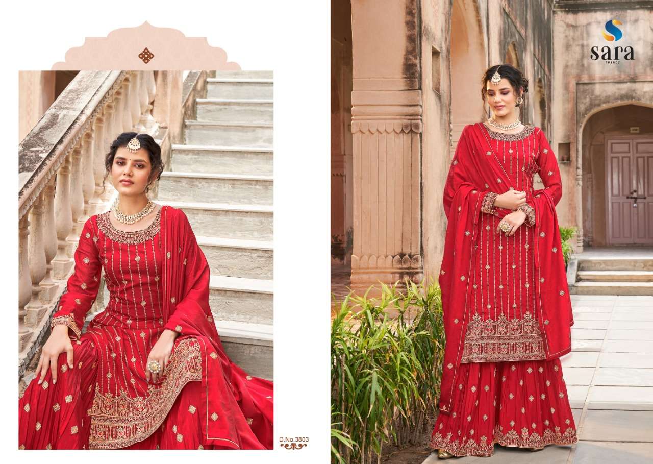 Bahar By Sara Trendz 3801 To 3804 Series Beautiful Stylish Sharara Suits Fancy Colorful Casual Wear & Ethnic Wear & Ready To Wear Heavy Chinnon Embroidered Dresses At Wholesale Price