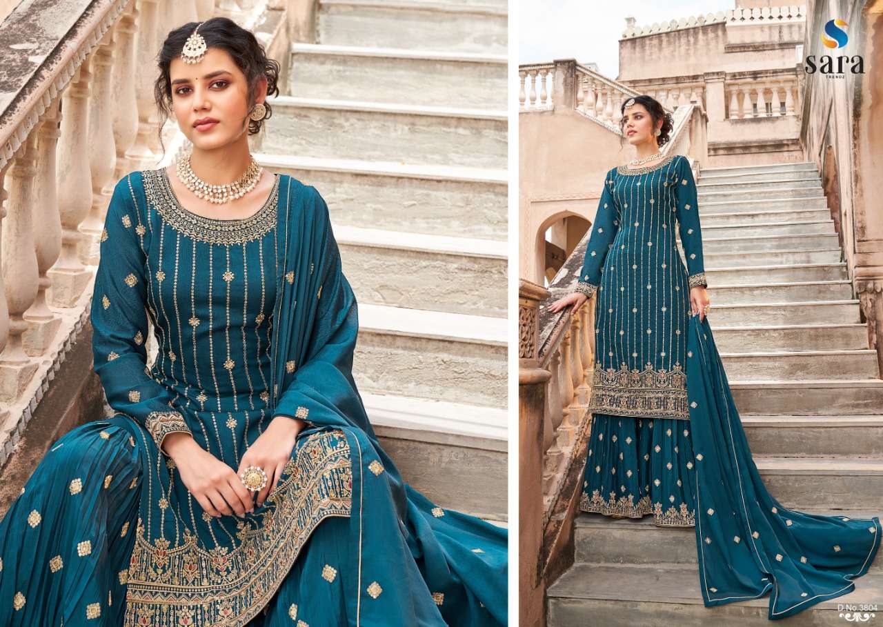 Bahar By Sara Trendz 3801 To 3804 Series Beautiful Stylish Sharara Suits Fancy Colorful Casual Wear & Ethnic Wear & Ready To Wear Heavy Chinnon Embroidered Dresses At Wholesale Price