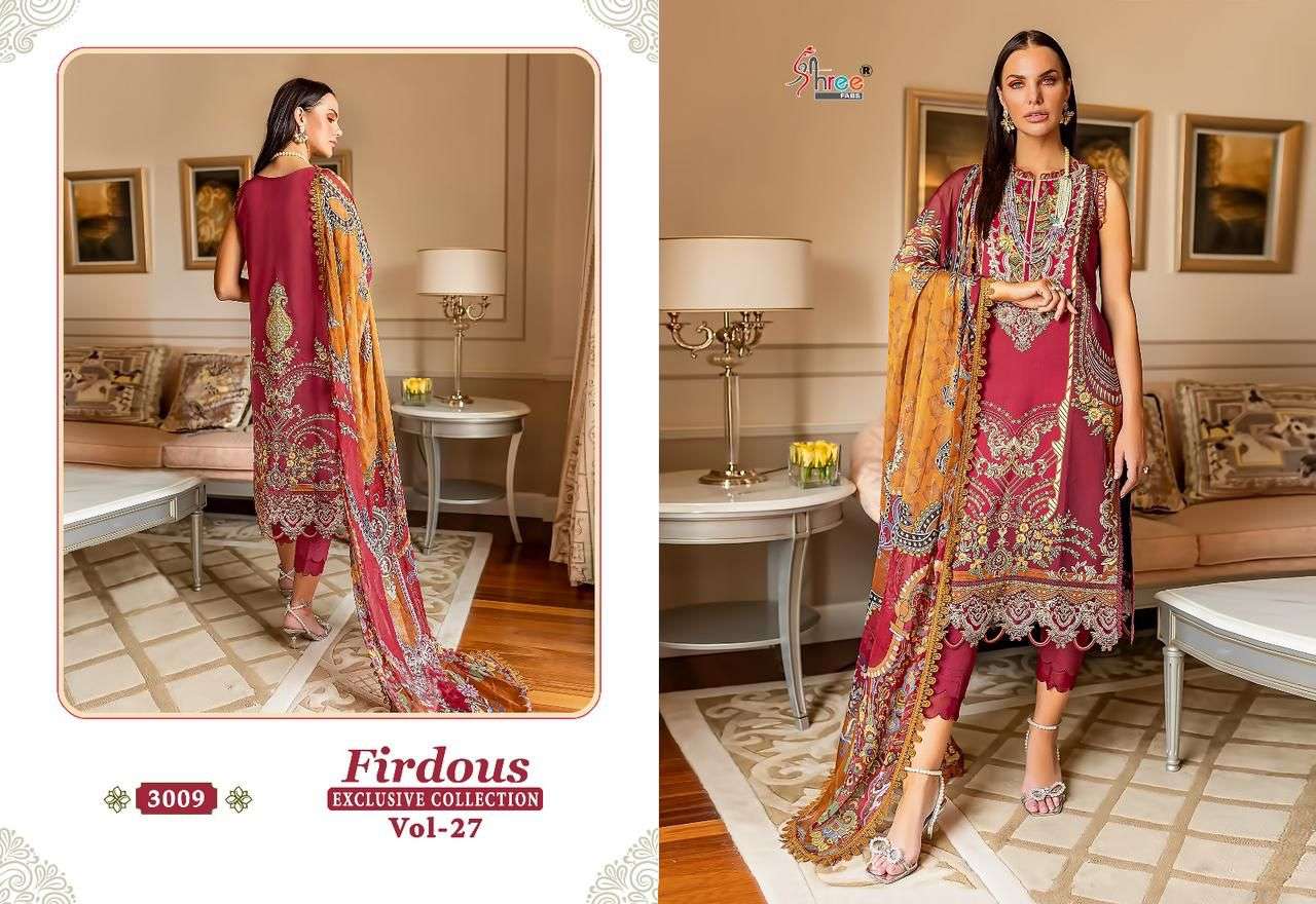 Firdous Exclusive Collection Vol-27 By Shree Fabs 3008 To 3015 Series Beautiful Pakistani Suits Colorful Stylish Fancy Casual Wear & Ethnic Wear Pure Cotton Dresses At Wholesale Price