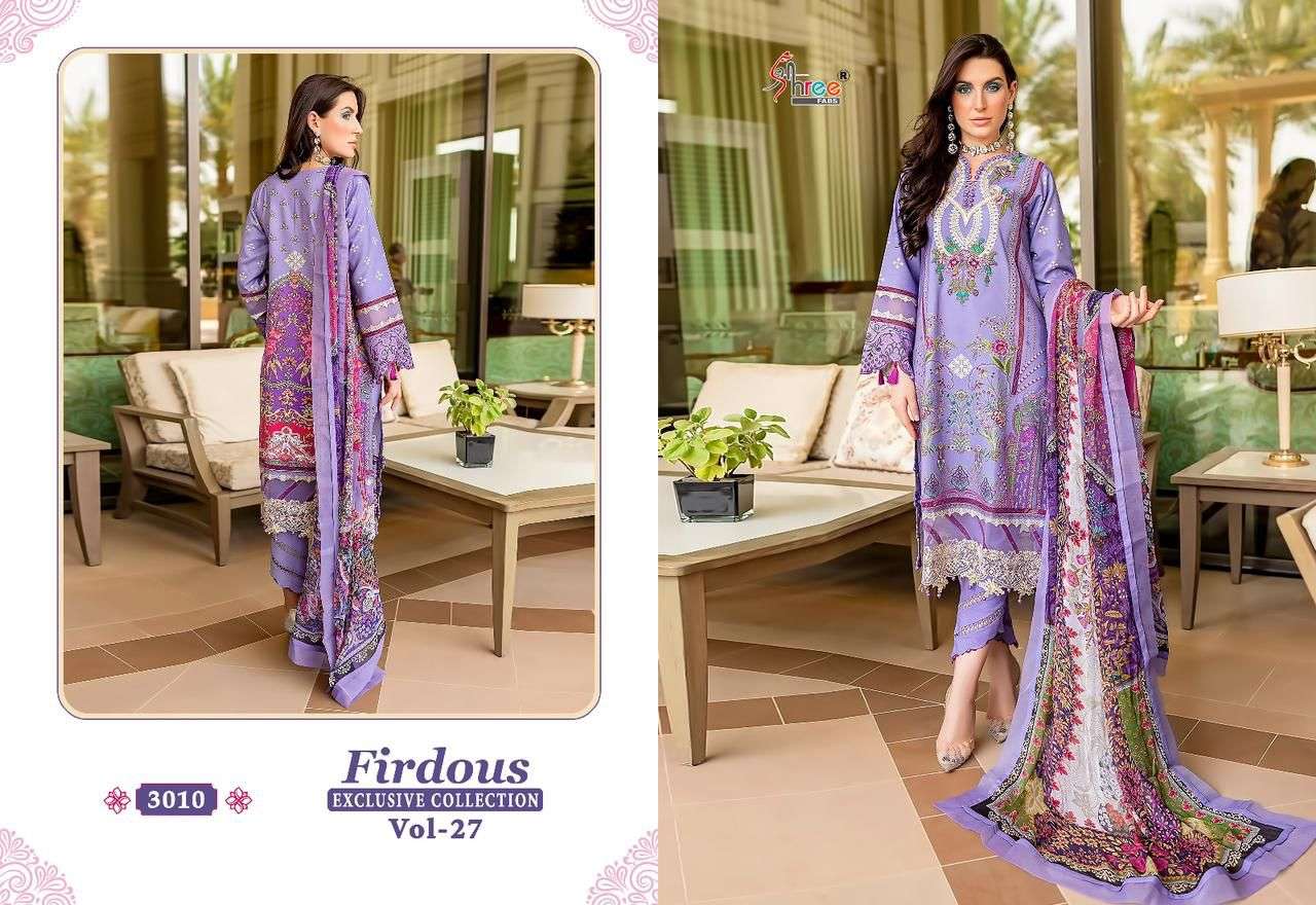 Firdous Exclusive Collection Vol-27 By Shree Fabs 3008 To 3015 Series Beautiful Pakistani Suits Colorful Stylish Fancy Casual Wear & Ethnic Wear Pure Cotton Dresses At Wholesale Price