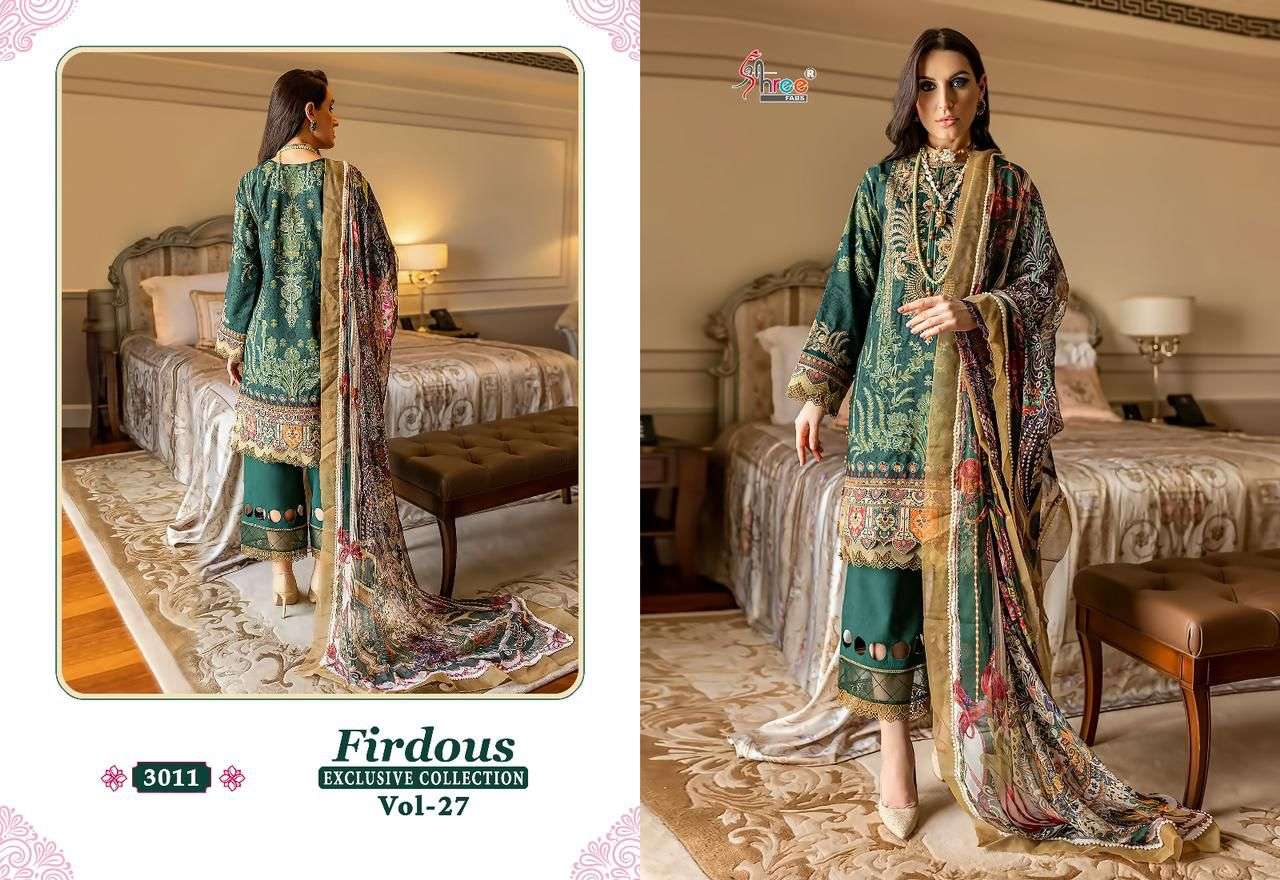 Firdous Exclusive Collection Vol-27 By Shree Fabs 3008 To 3015 Series Beautiful Pakistani Suits Colorful Stylish Fancy Casual Wear & Ethnic Wear Pure Cotton Dresses At Wholesale Price