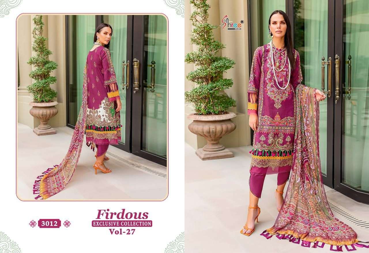 Firdous Exclusive Collection Vol-27 By Shree Fabs 3008 To 3015 Series Beautiful Pakistani Suits Colorful Stylish Fancy Casual Wear & Ethnic Wear Pure Cotton Dresses At Wholesale Price