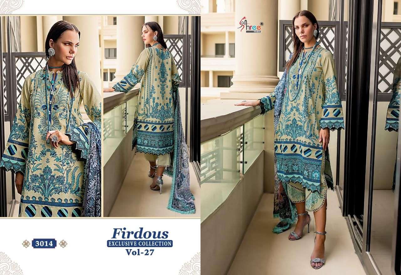 Firdous Exclusive Collection Vol-27 By Shree Fabs 3008 To 3015 Series Beautiful Pakistani Suits Colorful Stylish Fancy Casual Wear & Ethnic Wear Pure Cotton Dresses At Wholesale Price
