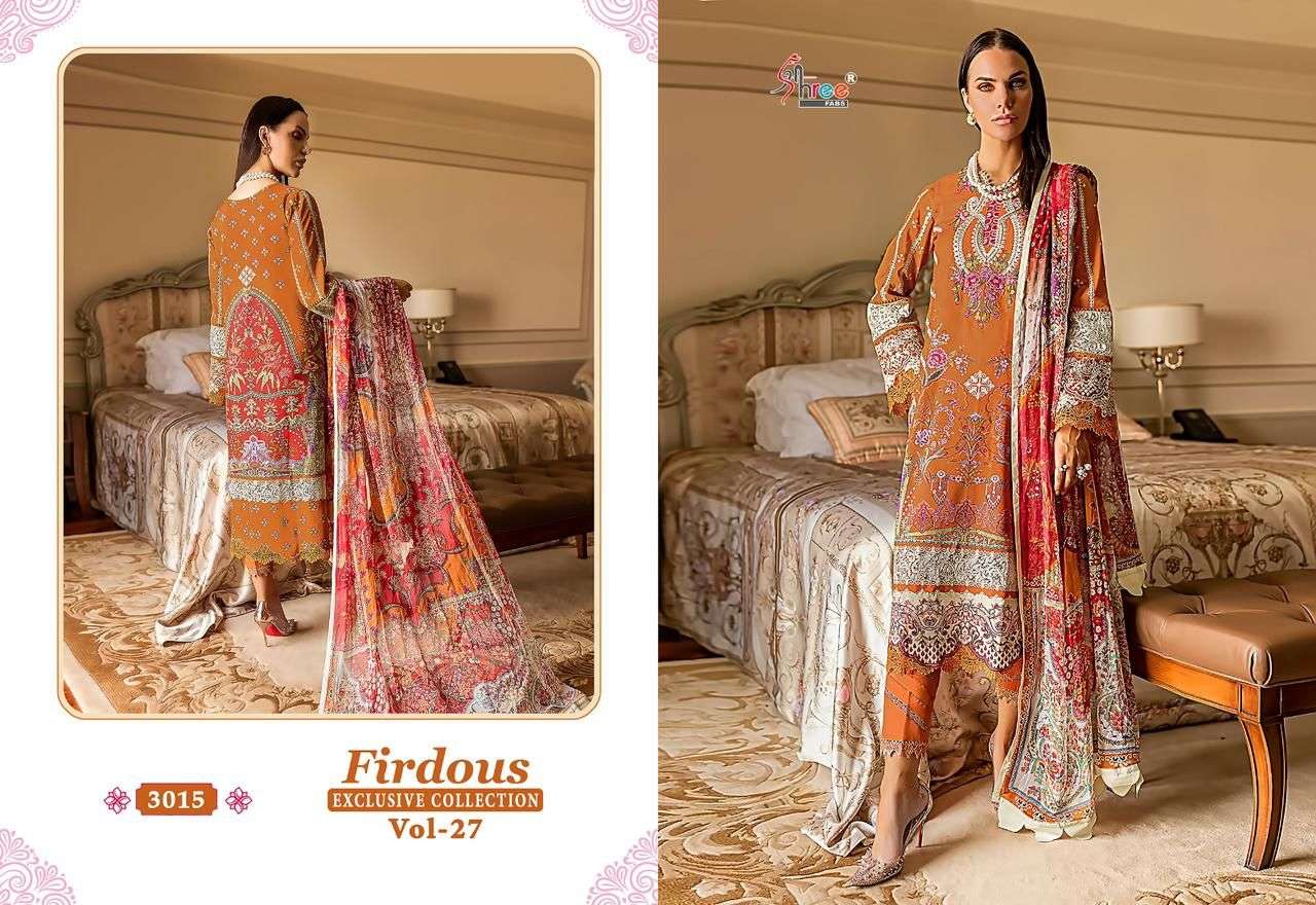 Firdous Exclusive Collection Vol-27 By Shree Fabs 3008 To 3015 Series Beautiful Pakistani Suits Colorful Stylish Fancy Casual Wear & Ethnic Wear Pure Cotton Dresses At Wholesale Price