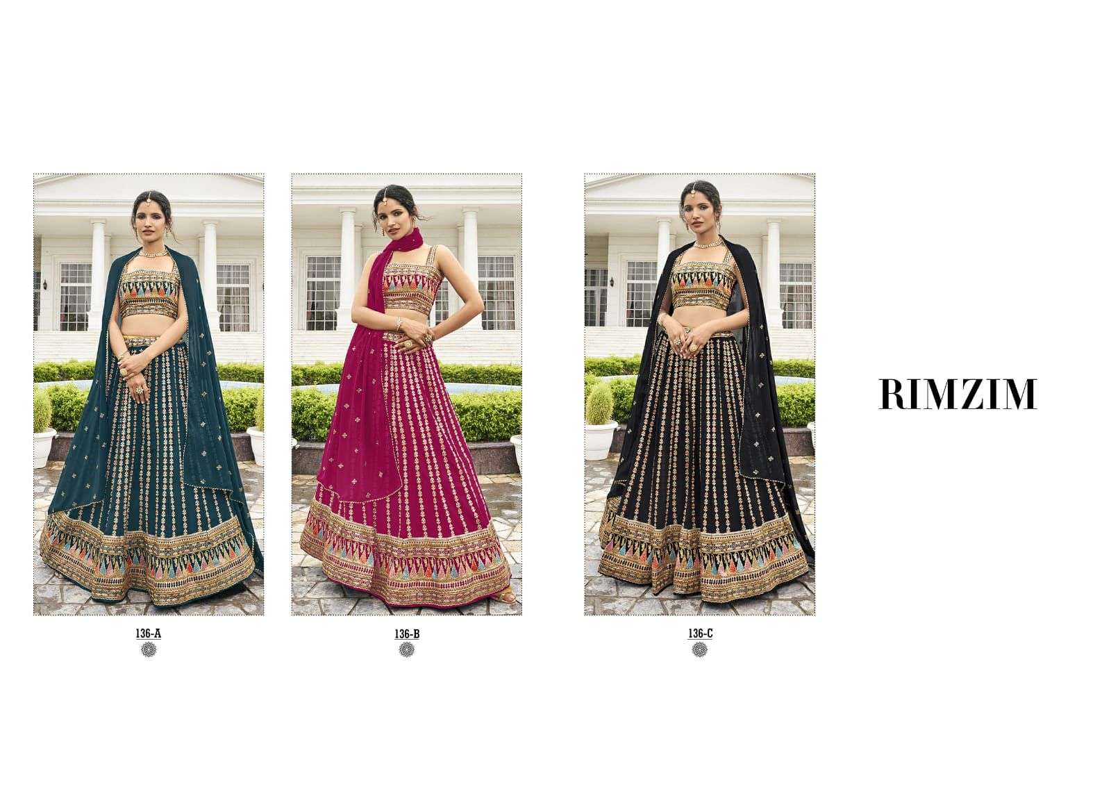 Rimzim By Shree Matee Fashion 136-A To 136-C Series Beautiful Colorful Fancy Wedding Collection Occasional Wear & Party Wear Faux Georgette Lehengas At Wholesale Price