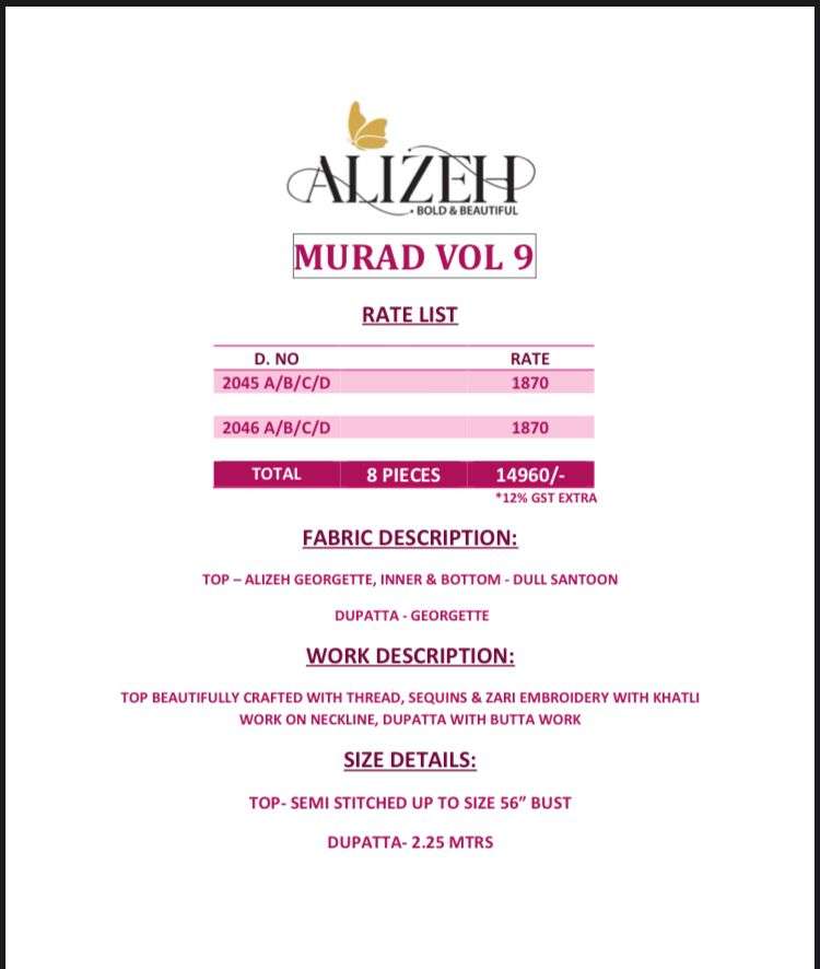 Murad Vol-9 By Alizeh 2045-A To 2046-D Series Designer Festive Suits Beautiful Fancy Colorful Stylish Party Wear & Occasional Wear Heavy Georgette Dresses At Wholesale Price