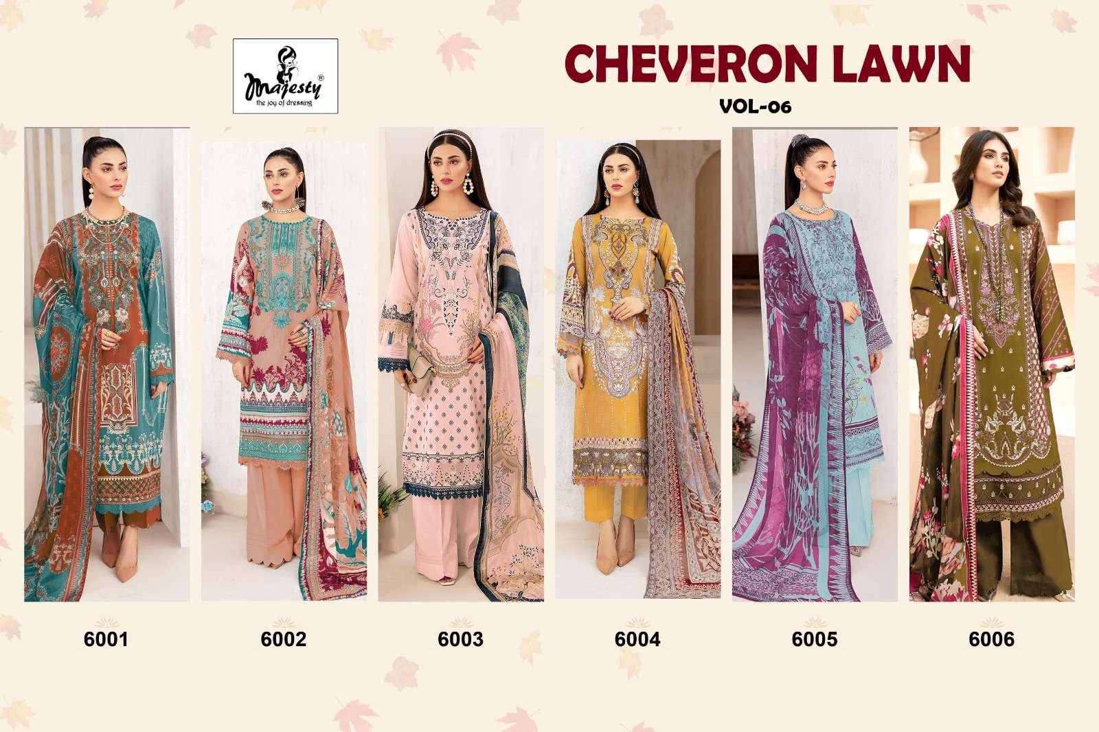 Cheveron Lawn Vol-6 By Majesty 6001 To 6006 Series Beautiful Stylish Pakistani Suits Fancy Colorful Casual Wear & Ethnic Wear & Ready To Wear Pure Cotton With Embroidery Dresses At Wholesale Price