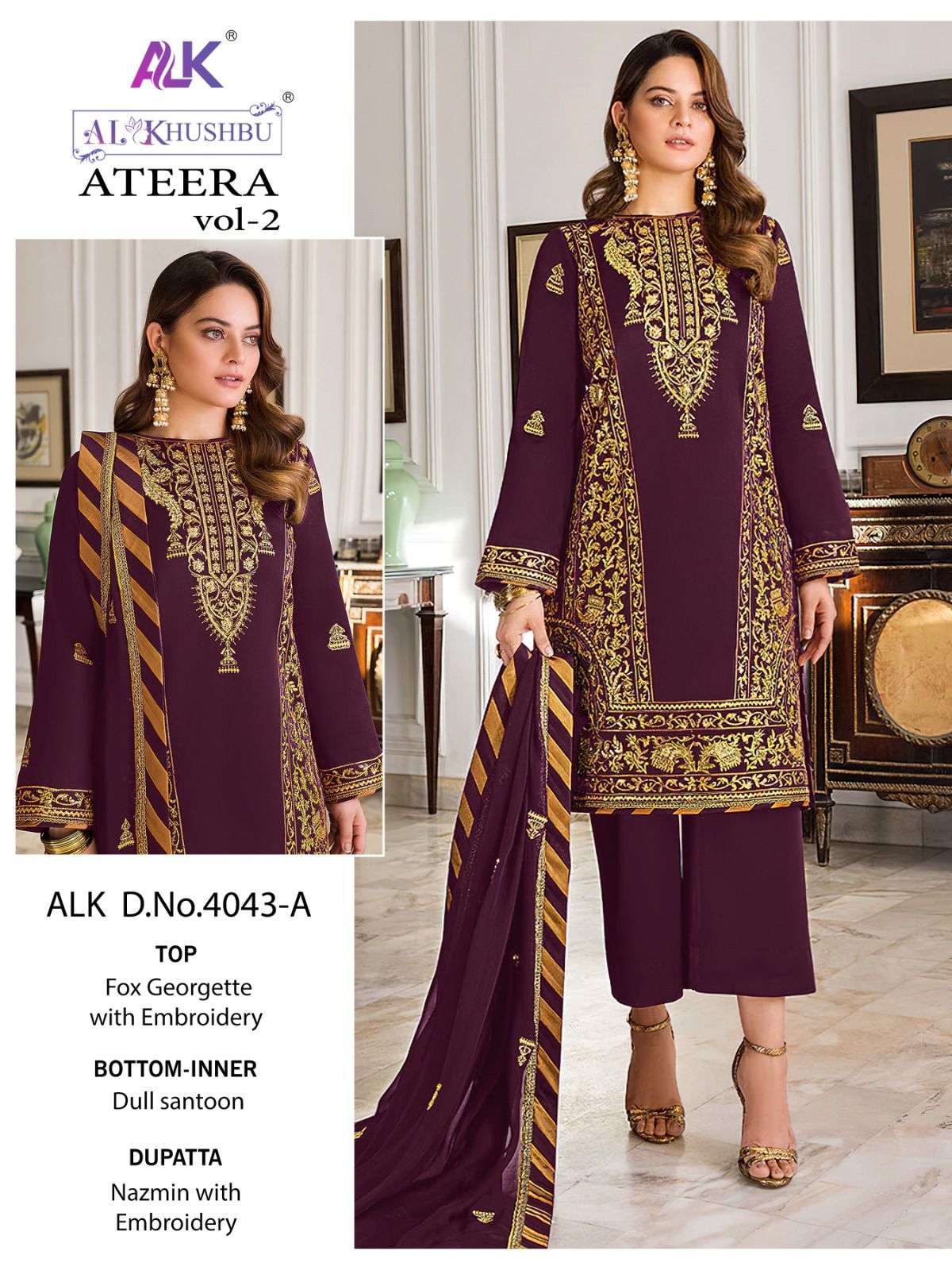 Ateera Vol-2 By Al Khushbu 4043-A To 4043-D Series Pakistani Suits Beautiful Fancy Colorful Stylish Party Wear & Occasional Wear Faux Georgette Embroidery Dresses At Wholesale Price