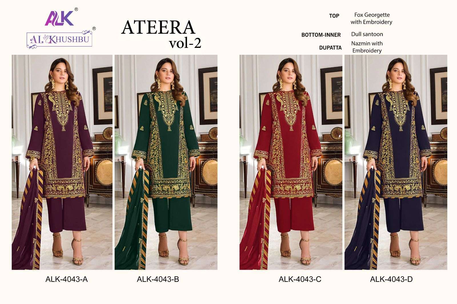 Ateera Vol-2 By Al Khushbu 4043-A To 4043-D Series Pakistani Suits Beautiful Fancy Colorful Stylish Party Wear & Occasional Wear Faux Georgette Embroidery Dresses At Wholesale Price