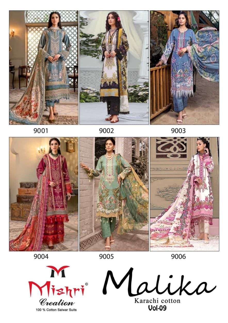 Malika Vol-9 By Mishri 9001 To 9006 Series Beautiful Stylish Pakistani Suits Fancy Colorful Casual Wear & Ethnic Wear & Ready To Wear Heavy Cotton Embroidered Dresses At Wholesale Price