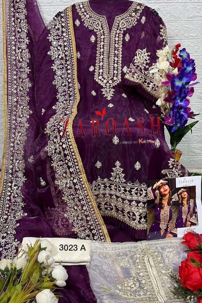 Zarqash Hit Design 3023 Colours By Zarqash 3023-A To 3023-L Series Designer Festive Pakistani Suits Collection Beautiful Stylish Fancy Colorful Party Wear & Occasional Wear Organza Embroidery Dresses At Wholesale Price