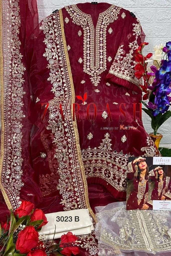 Zarqash Hit Design 3023 Colours By Zarqash 3023-A To 3023-L Series Designer Festive Pakistani Suits Collection Beautiful Stylish Fancy Colorful Party Wear & Occasional Wear Organza Embroidery Dresses At Wholesale Price