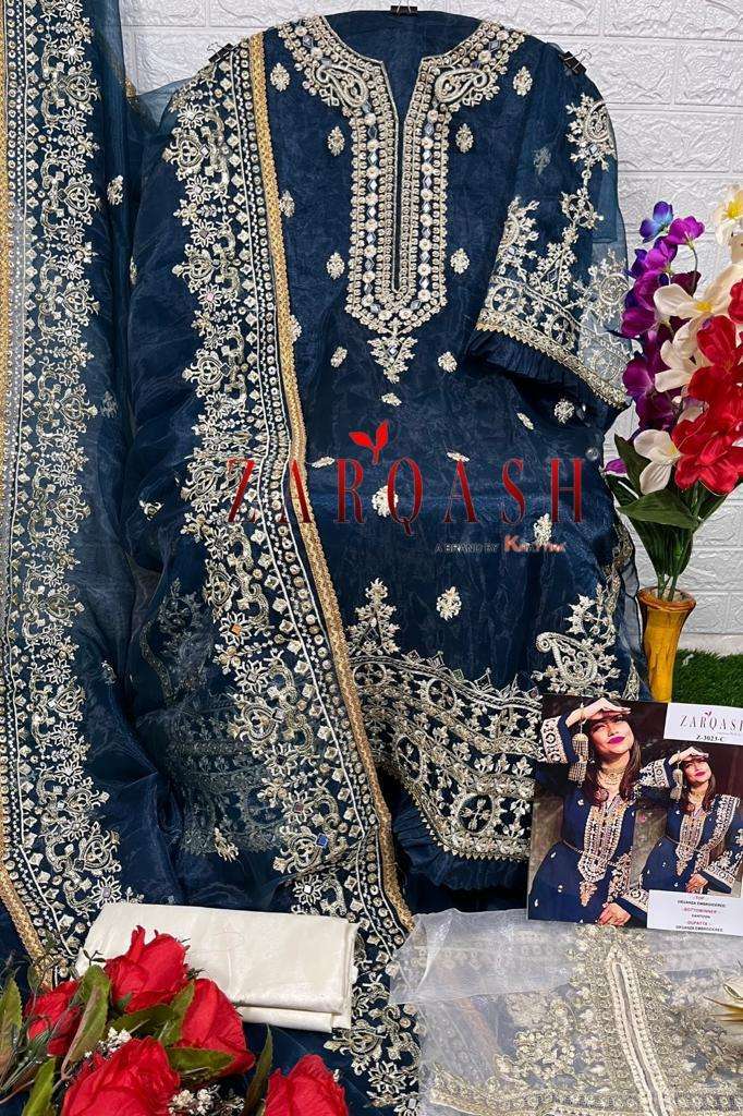 Zarqash Hit Design 3023 Colours By Zarqash 3023-A To 3023-L Series Designer Festive Pakistani Suits Collection Beautiful Stylish Fancy Colorful Party Wear & Occasional Wear Organza Embroidery Dresses At Wholesale Price