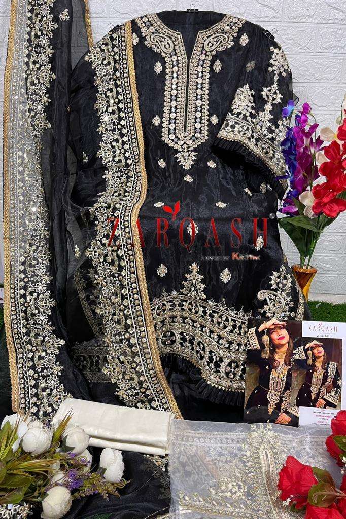 Zarqash Hit Design 3023 Colours By Zarqash 3023-A To 3023-L Series Designer Festive Pakistani Suits Collection Beautiful Stylish Fancy Colorful Party Wear & Occasional Wear Organza Embroidery Dresses At Wholesale Price