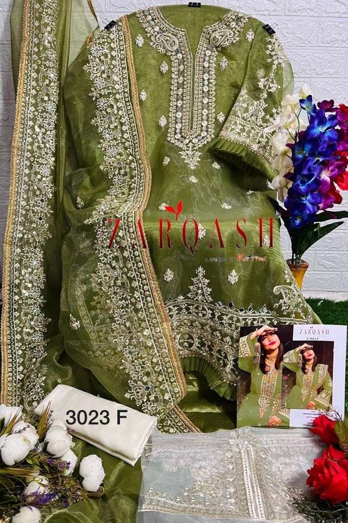 Zarqash Hit Design 3023 Colours By Zarqash 3023-A To 3023-L Series Designer Festive Pakistani Suits Collection Beautiful Stylish Fancy Colorful Party Wear & Occasional Wear Organza Embroidery Dresses At Wholesale Price