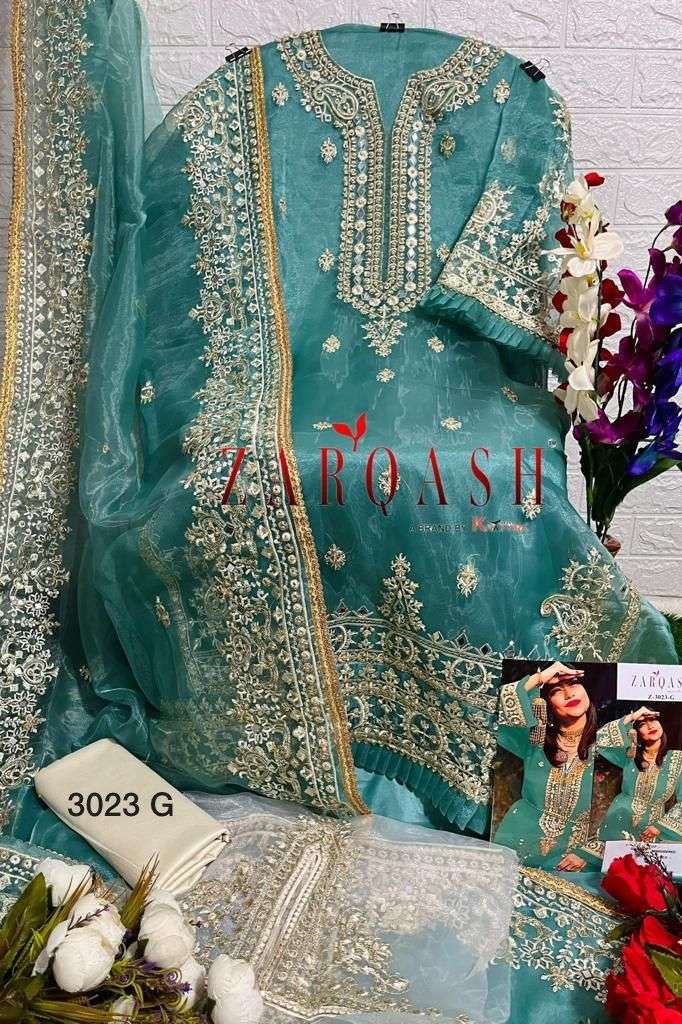 Zarqash Hit Design 3023 Colours By Zarqash 3023-A To 3023-L Series Designer Festive Pakistani Suits Collection Beautiful Stylish Fancy Colorful Party Wear & Occasional Wear Organza Embroidery Dresses At Wholesale Price
