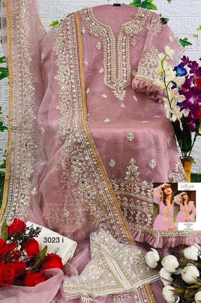Zarqash Hit Design 3023 Colours By Zarqash 3023-A To 3023-L Series Designer Festive Pakistani Suits Collection Beautiful Stylish Fancy Colorful Party Wear & Occasional Wear Organza Embroidery Dresses At Wholesale Price