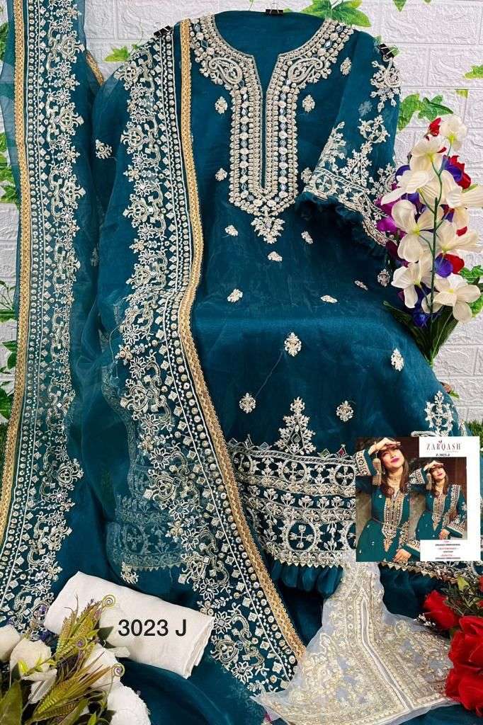Zarqash Hit Design 3023 Colours By Zarqash 3023-A To 3023-L Series Designer Festive Pakistani Suits Collection Beautiful Stylish Fancy Colorful Party Wear & Occasional Wear Organza Embroidery Dresses At Wholesale Price