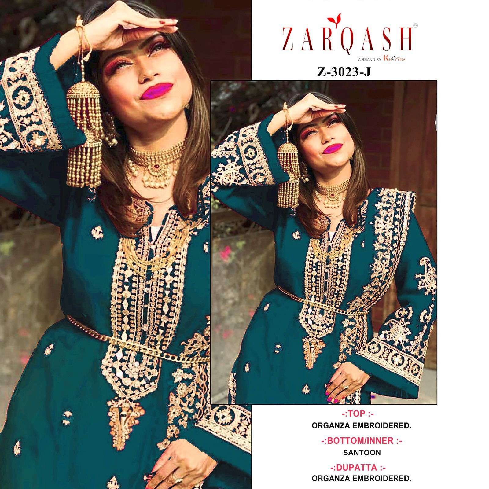 Zarqash Hit Design 3023 Colours By Zarqash 3023-A To 3023-L Series Designer Festive Pakistani Suits Collection Beautiful Stylish Fancy Colorful Party Wear & Occasional Wear Organza Embroidery Dresses At Wholesale Price